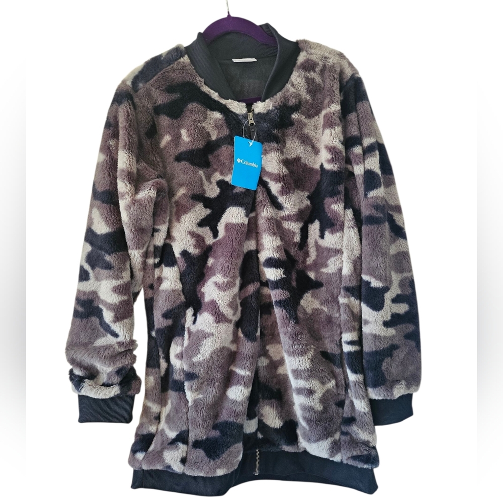 Columbia Womens Bundle Up Printed Fleece Cozy Jacket, Black Gray Camo, Sz M